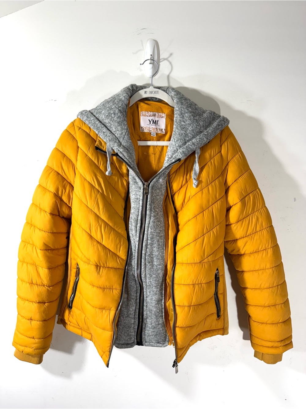 YMI women’s Mustard Puffer Jacket Zip Out gray Hoodie NWOT